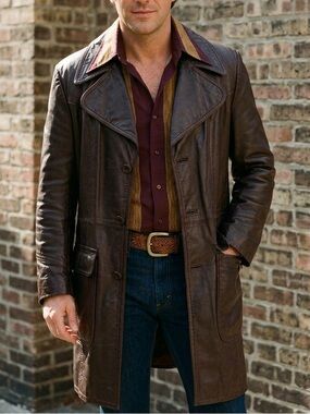 Vintage 1970s Brown Leather Trench Coat Mens 40 Sears Canada Long Jacket